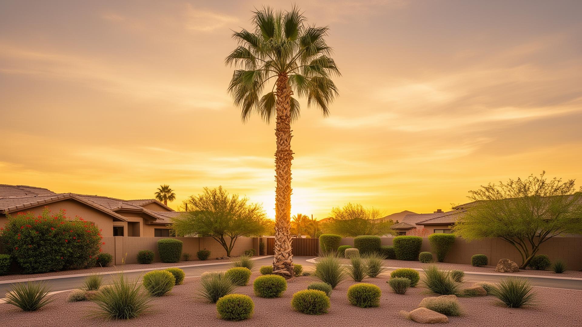 Arizona desert landscape with palm trees and mountains at golden hour